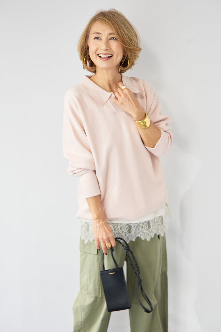 シャイニーラメ・スキッパーポロニット