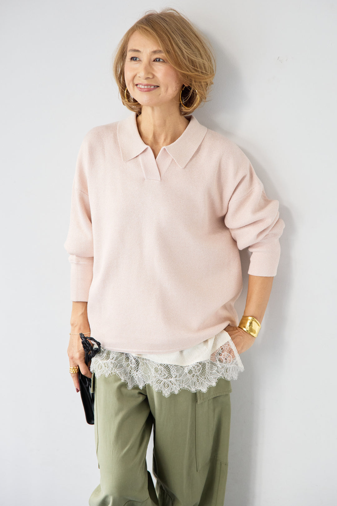 [SET]シャイニーラメ・スキッパーポロニット+シルキーエリュール レーストップス(2set)