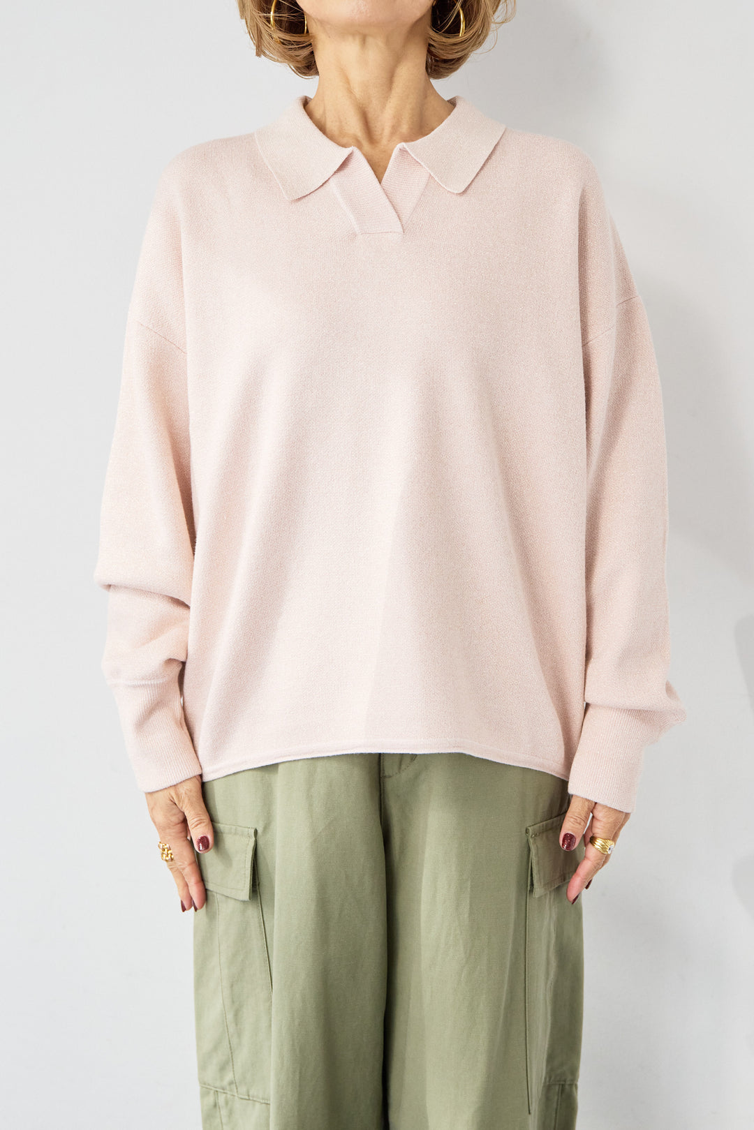 [SET]シャイニーラメ・スキッパーポロニット+シルキーエリュール レーストップス(2set)