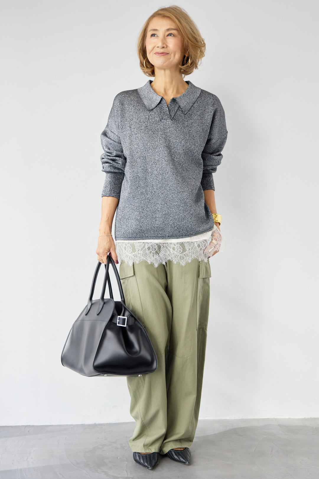 シャイニーラメ・スキッパーポロニット