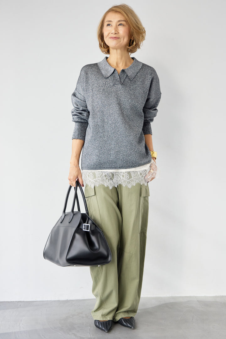 シャイニーラメ・スキッパーポロニット