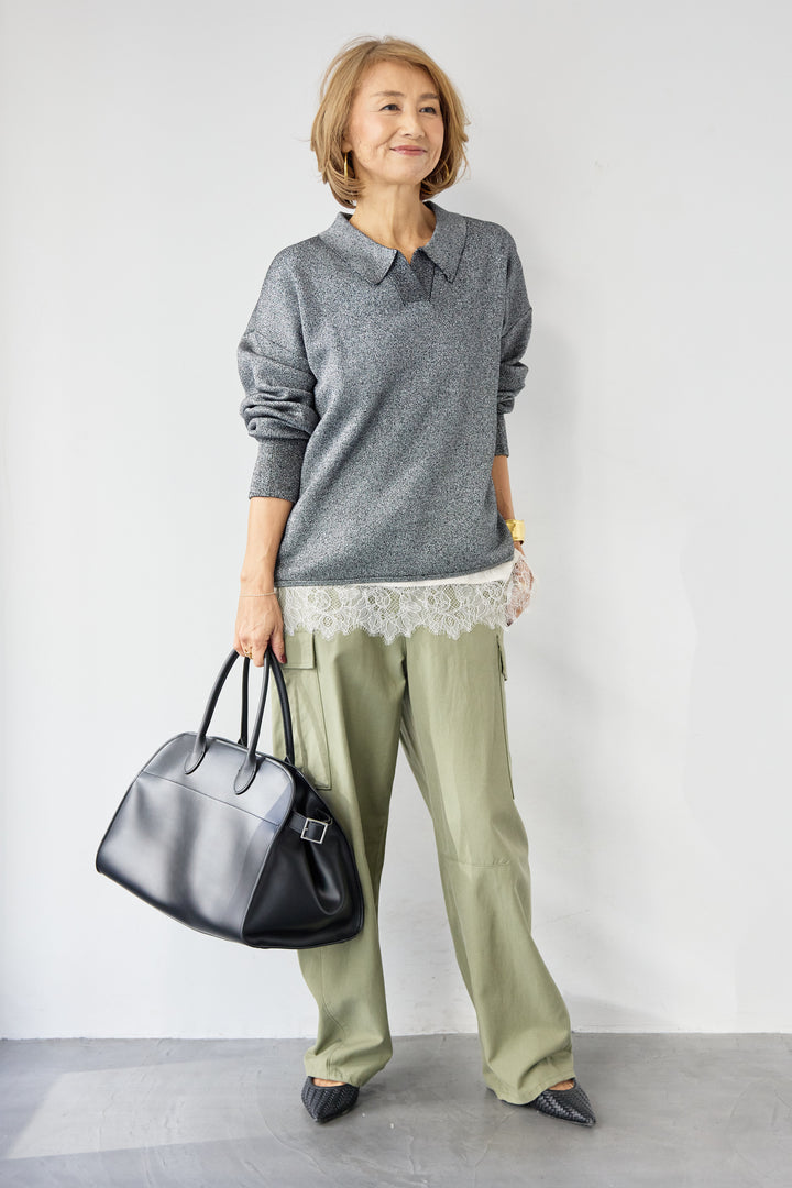 シャイニーラメ・スキッパーポロニット