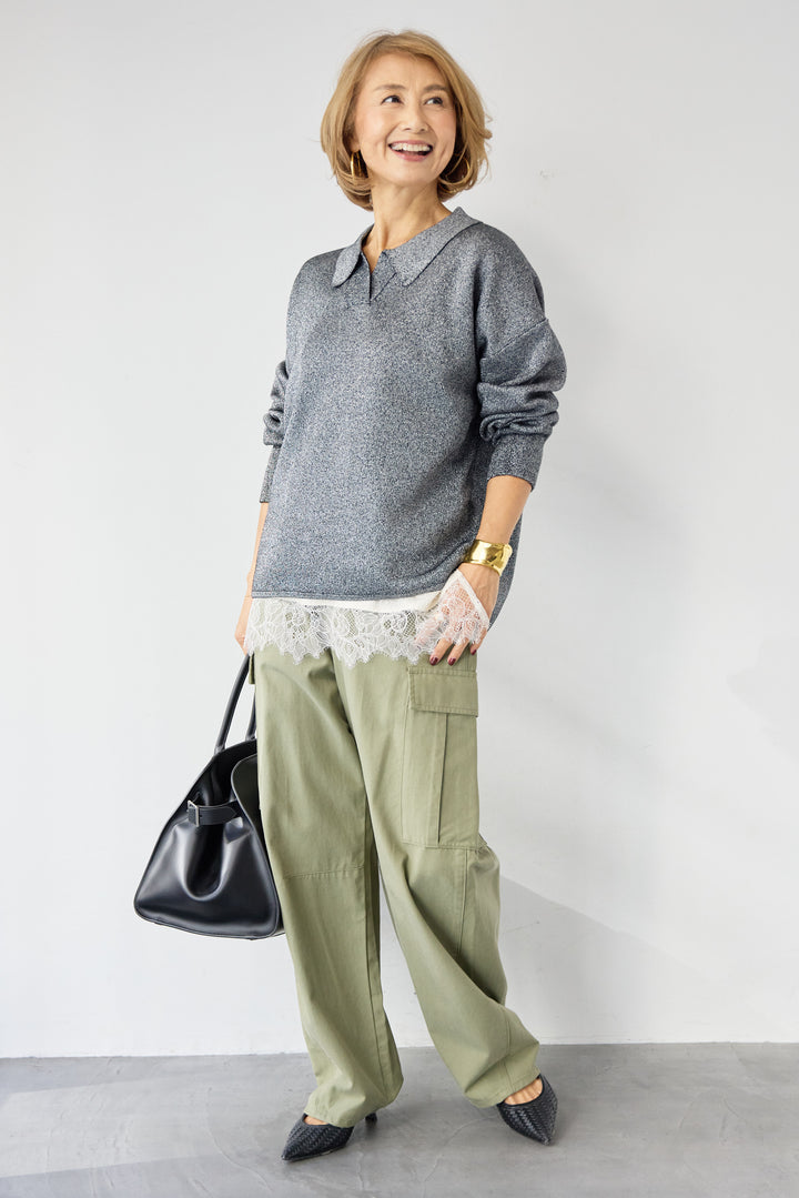 シャイニーラメ・スキッパーポロニット