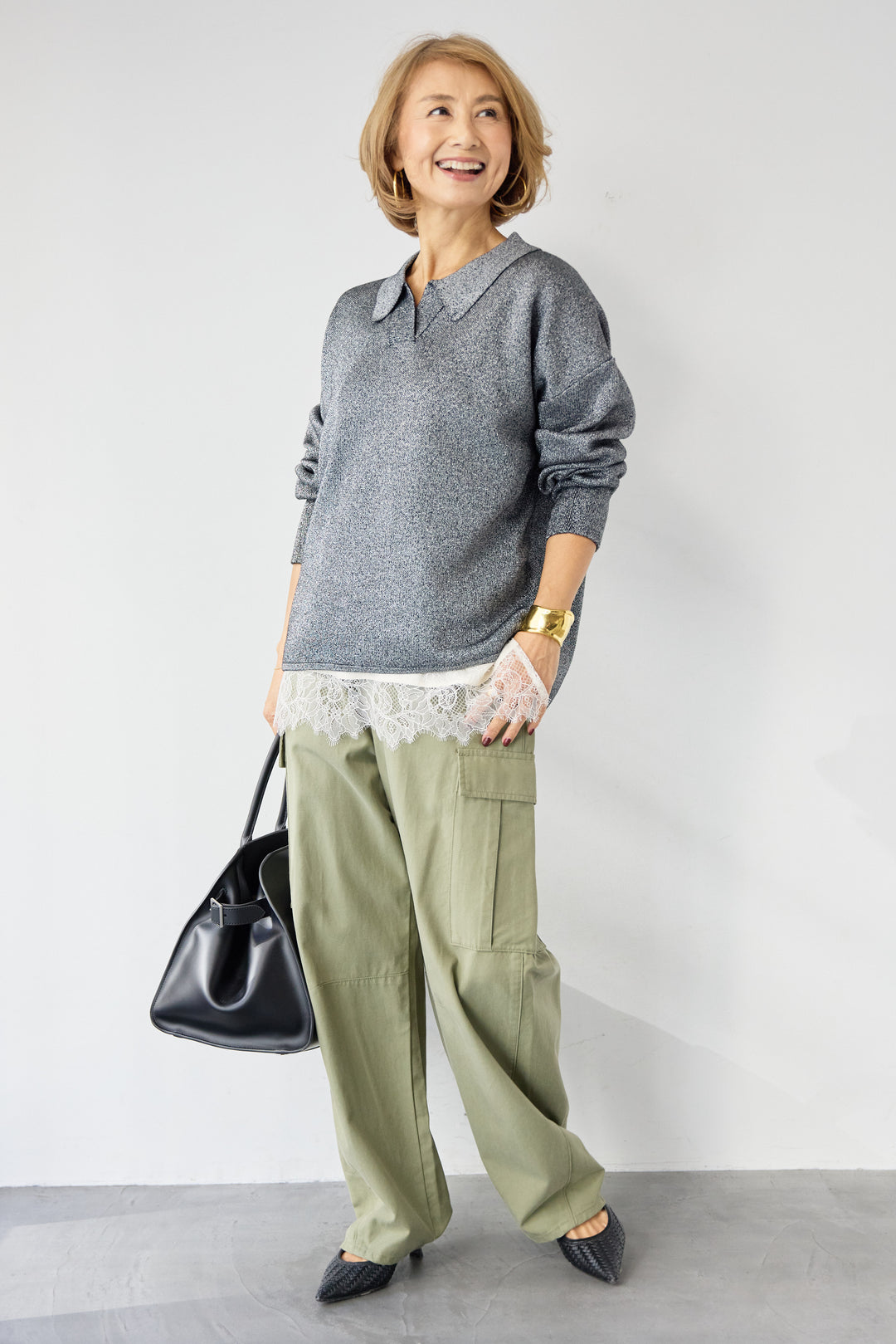 [SET]シャイニーラメ・スキッパーポロニット+シルキーエリュール レーストップス(2set)