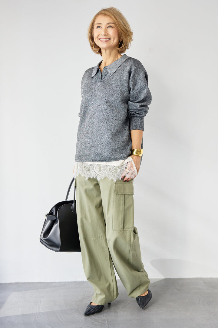 シャイニーラメ・スキッパーポロニット