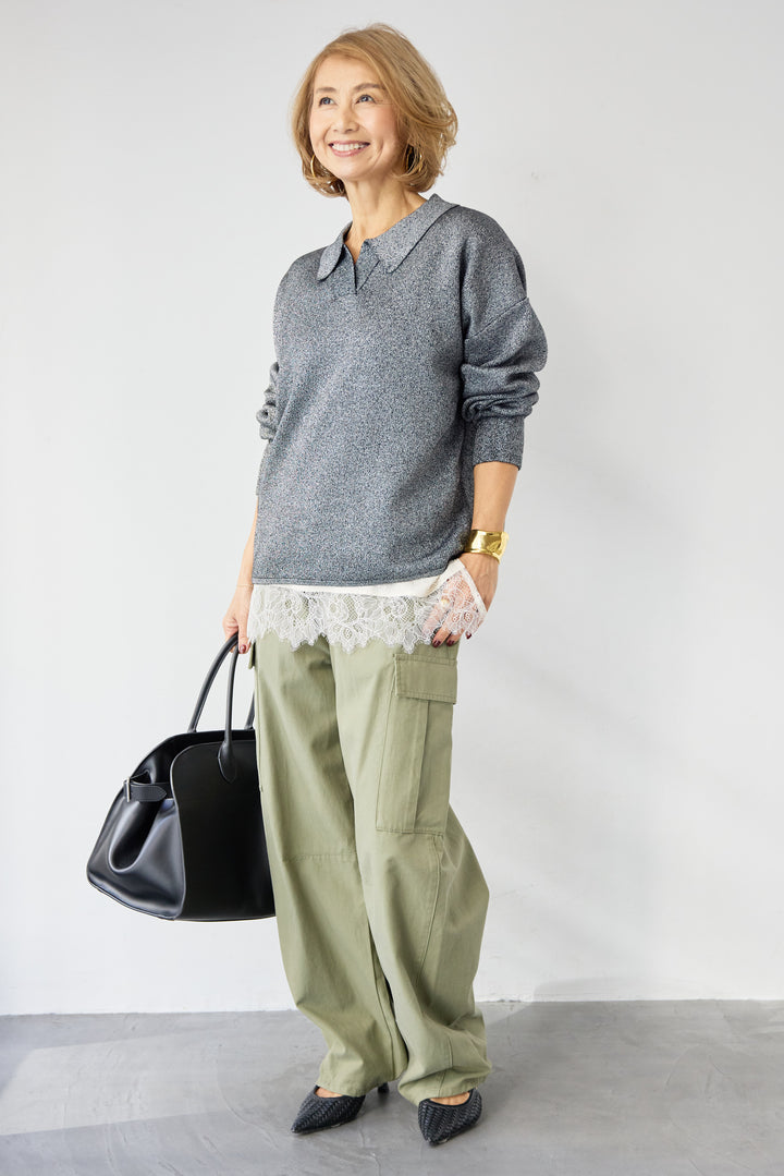 [SET]シャイニーラメ・スキッパーポロニット+シルキーエリュール レーストップス(2set)