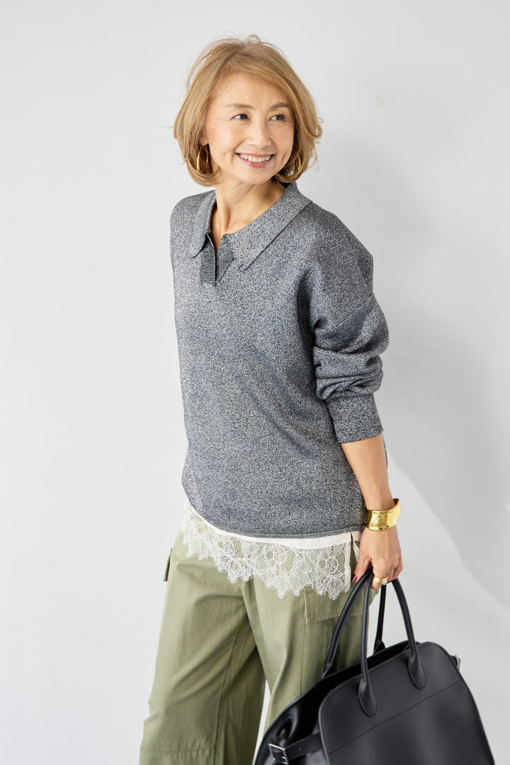 シャイニーラメ・スキッパーポロニット