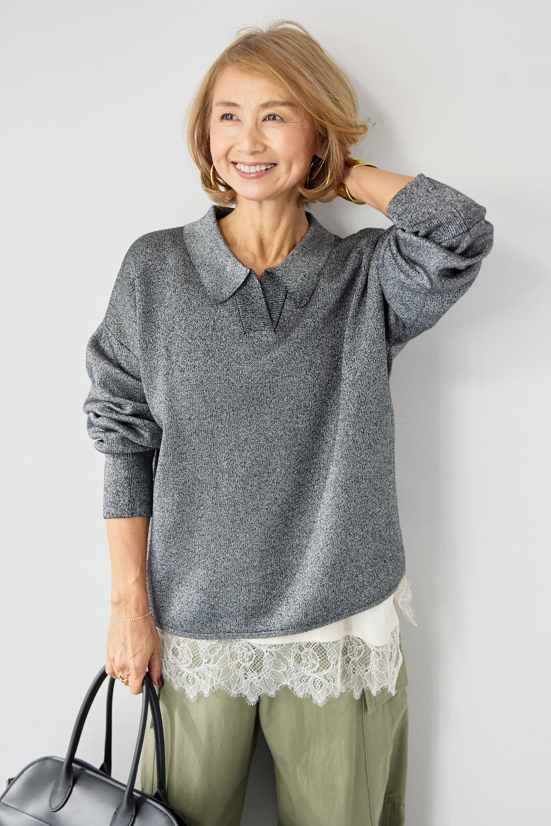 [SET]シャイニーラメ・スキッパーポロニット+シルキーエリュール レーストップス(2set)