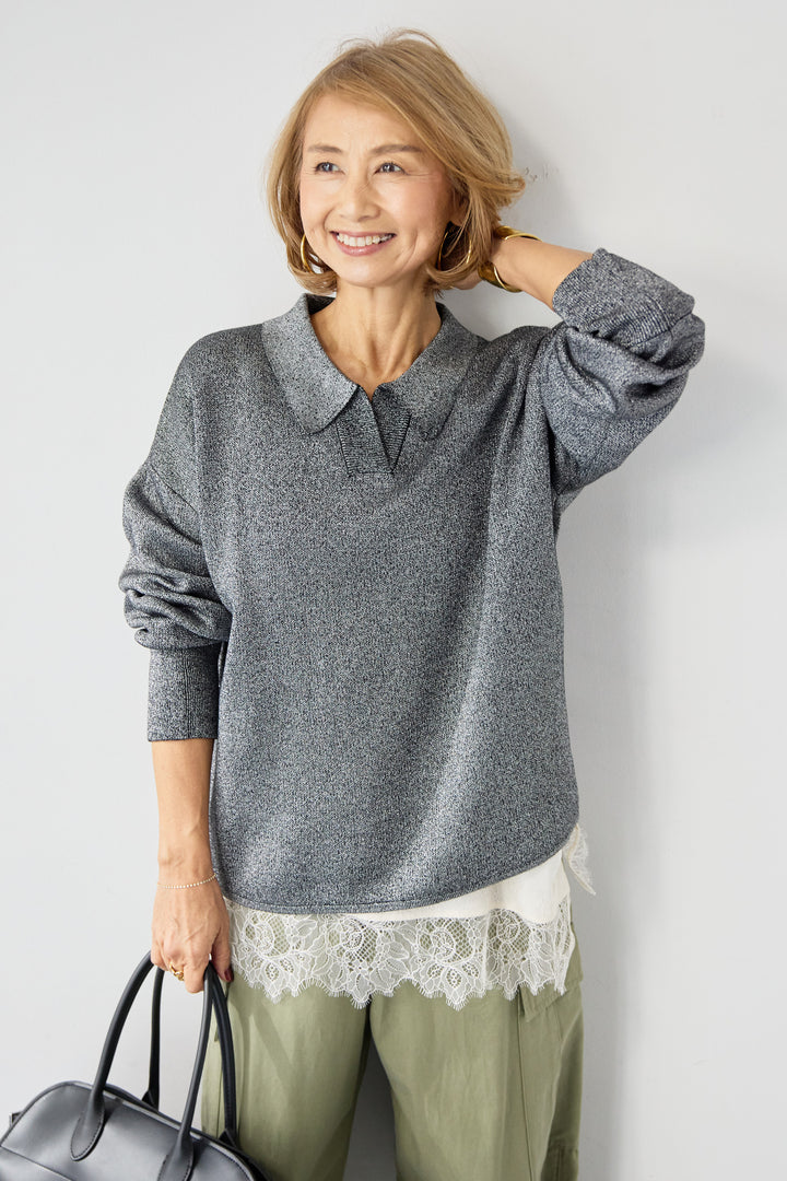 [SET]シャイニーラメ・スキッパーポロニット+シルキーエリュール レーストップス(2set)