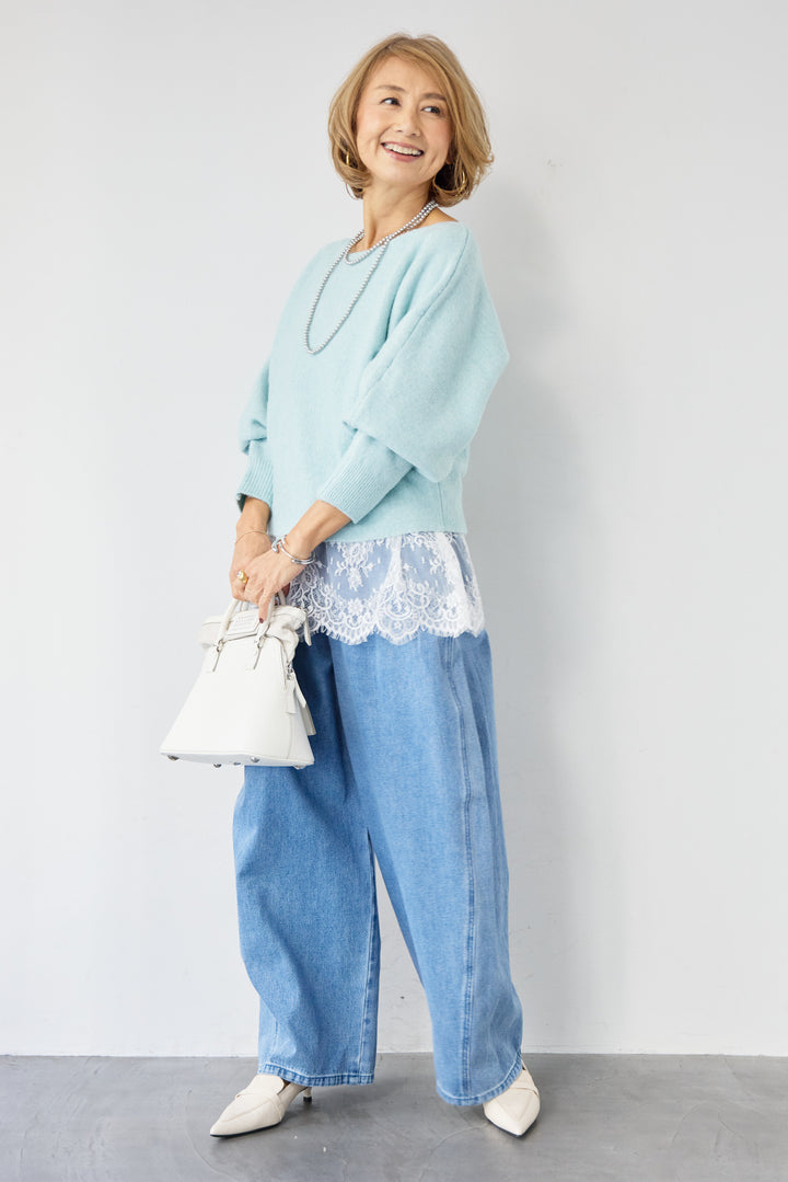 [SET]ふんわりシャギー ボートネックニットプルオーバー+裾レースキャミソール(2set)