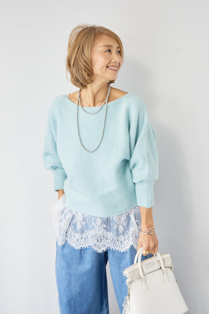 [SET]ふんわりシャギー ボートネックニットプルオーバー+裾レースキャミソール(2set)