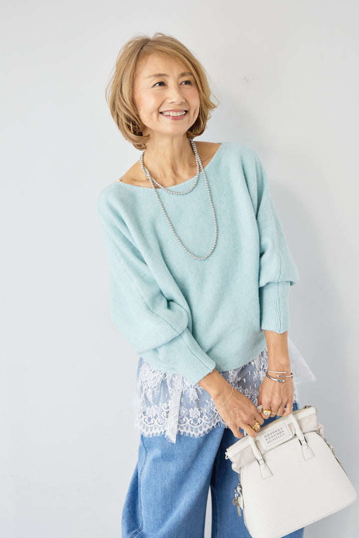 [SET]ふんわりシャギー ボートネックニットプルオーバー+裾レースキャミソール(2set)