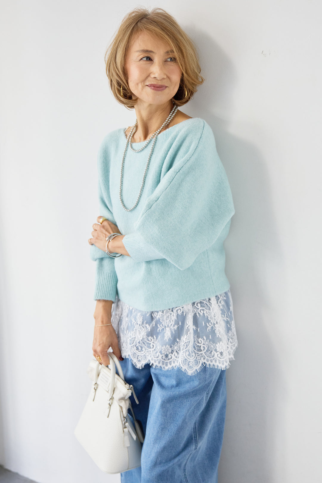 [SET]ふんわりシャギー ボートネックニットプルオーバー+裾レースキャミソール+ソフトツイル ニュアンスワイドデニム(3set)