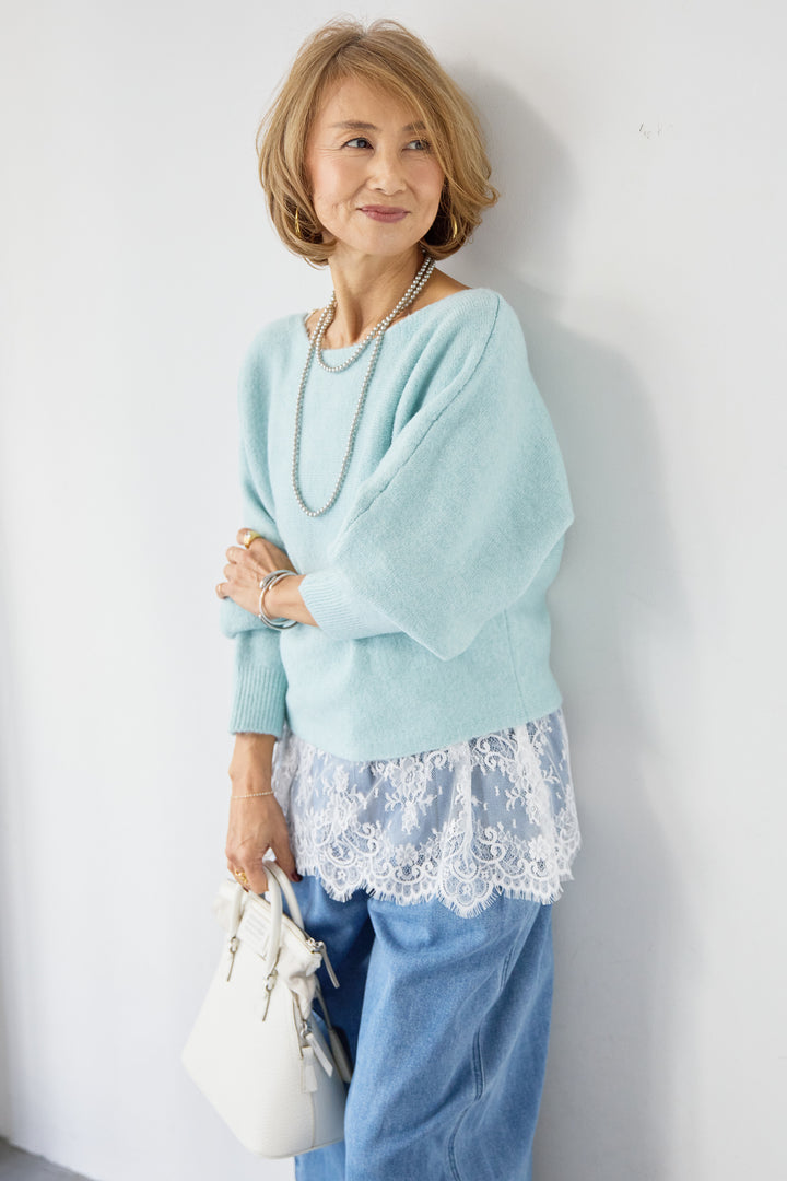 [SET]ふんわりシャギー ボートネックニットプルオーバー+裾レースキャミソール+ソフトツイル ニュアンスワイドデニム(3set)