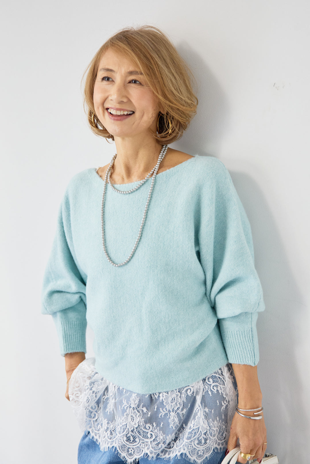 [SET]ふんわりシャギー ボートネックニットプルオーバー+裾レースキャミソール+ソフトツイル ニュアンスワイドデニム(3set)