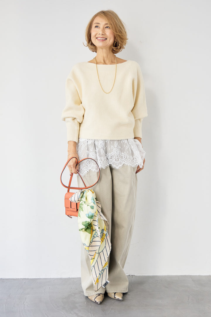 [SET]ふんわりシャギー ボートネックニットプルオーバー+裾レースキャミソール(2set)