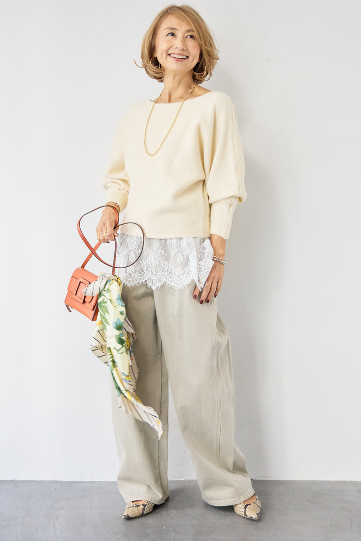 [SET]ふんわりシャギー ボートネックニットプルオーバー+裾レースキャミソール+ソフトツイル ニュアンスワイドデニム(3set)