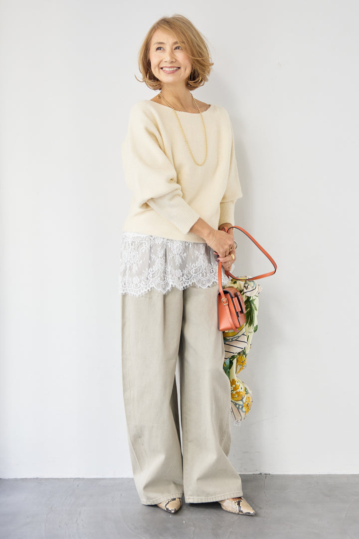 [SET]ふんわりシャギー ボートネックニットプルオーバー+裾レースキャミソール+ソフトツイル ニュアンスワイドデニム(3set)