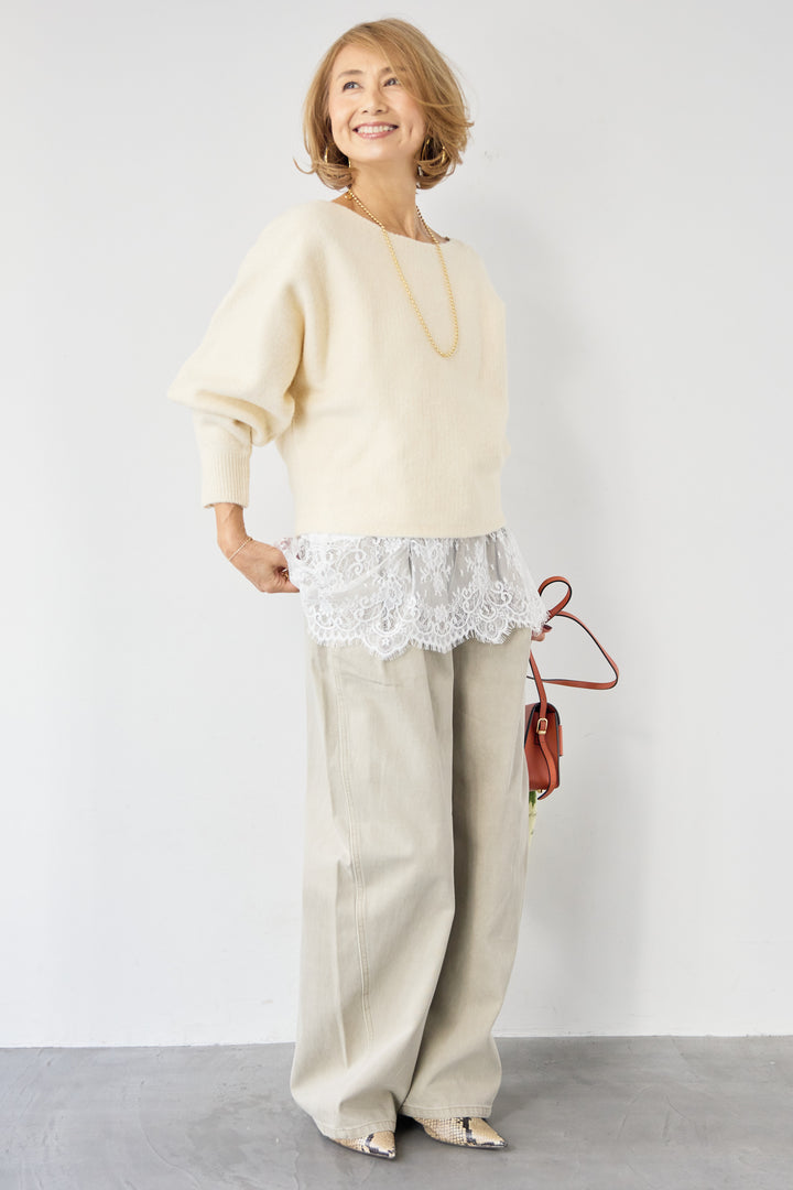 [SET]ふんわりシャギー ボートネックニットプルオーバー+裾レースキャミソール+ソフトツイル ニュアンスワイドデニム(3set)