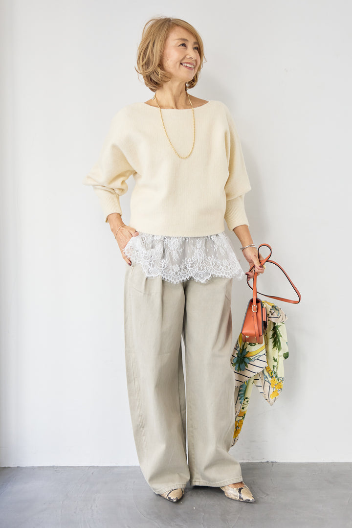 [SET]ふんわりシャギー ボートネックニットプルオーバー+裾レースキャミソール(2set)