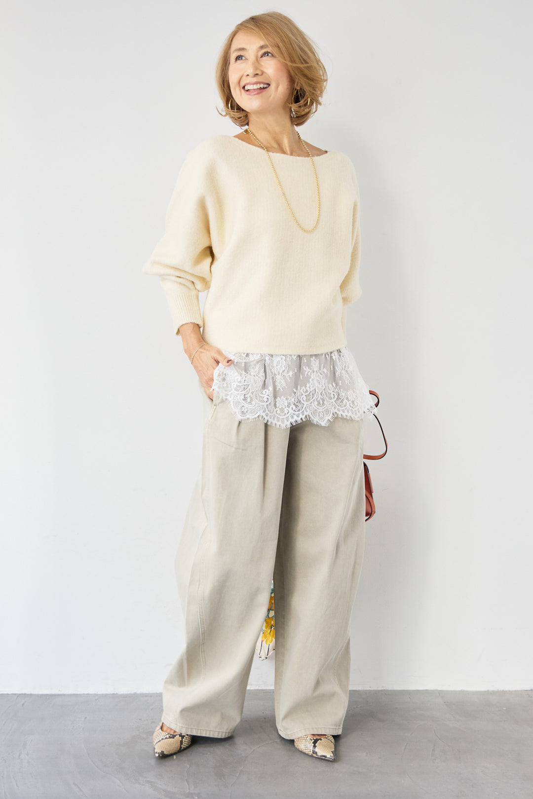 [SET]ふんわりシャギー ボートネックニットプルオーバー+裾レースキャミソール(2set)