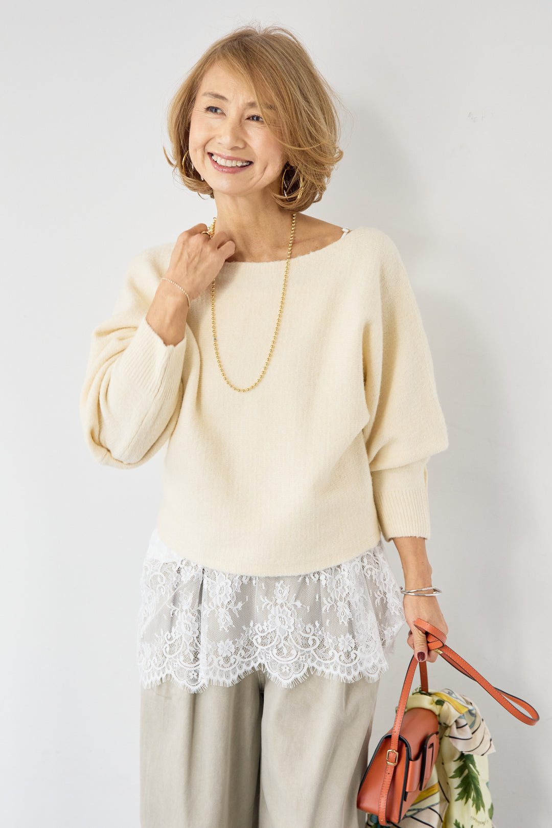 [SET]ふんわりシャギー ボートネックニットプルオーバー+裾レースキャミソール(2set)