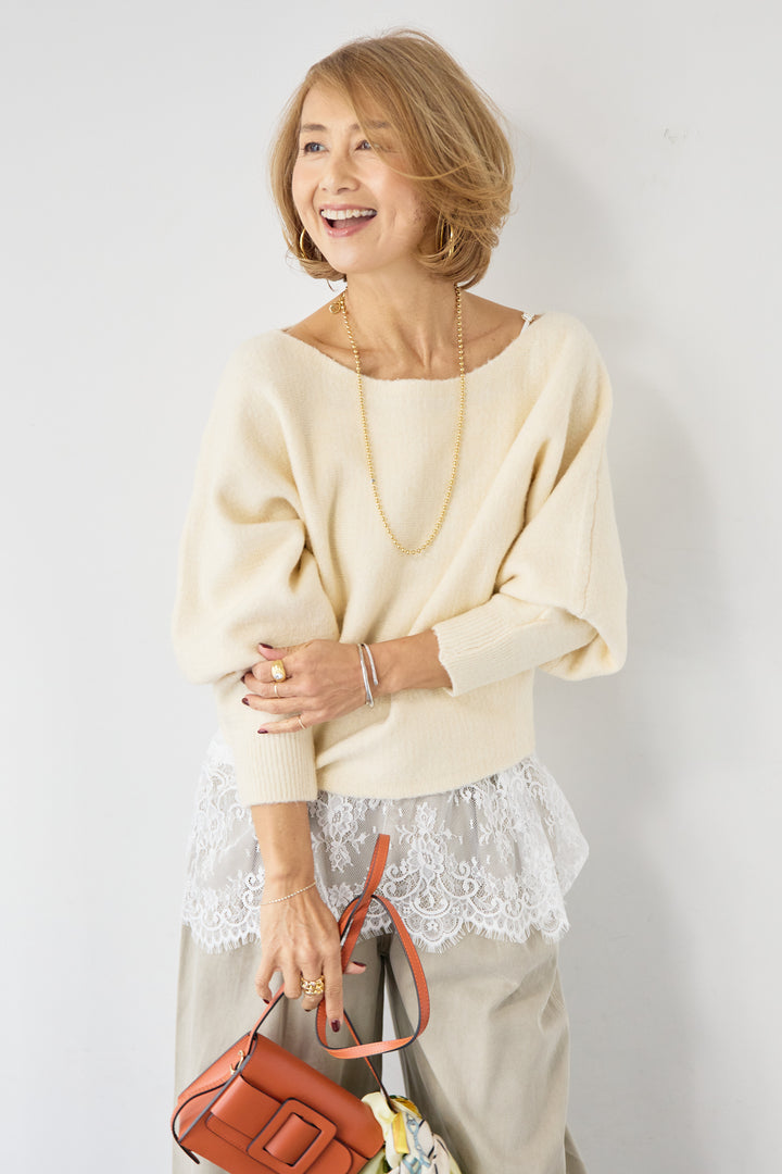 [SET]ふんわりシャギー ボートネックニットプルオーバー+裾レースキャミソール+ソフトツイル ニュアンスワイドデニム(3set)