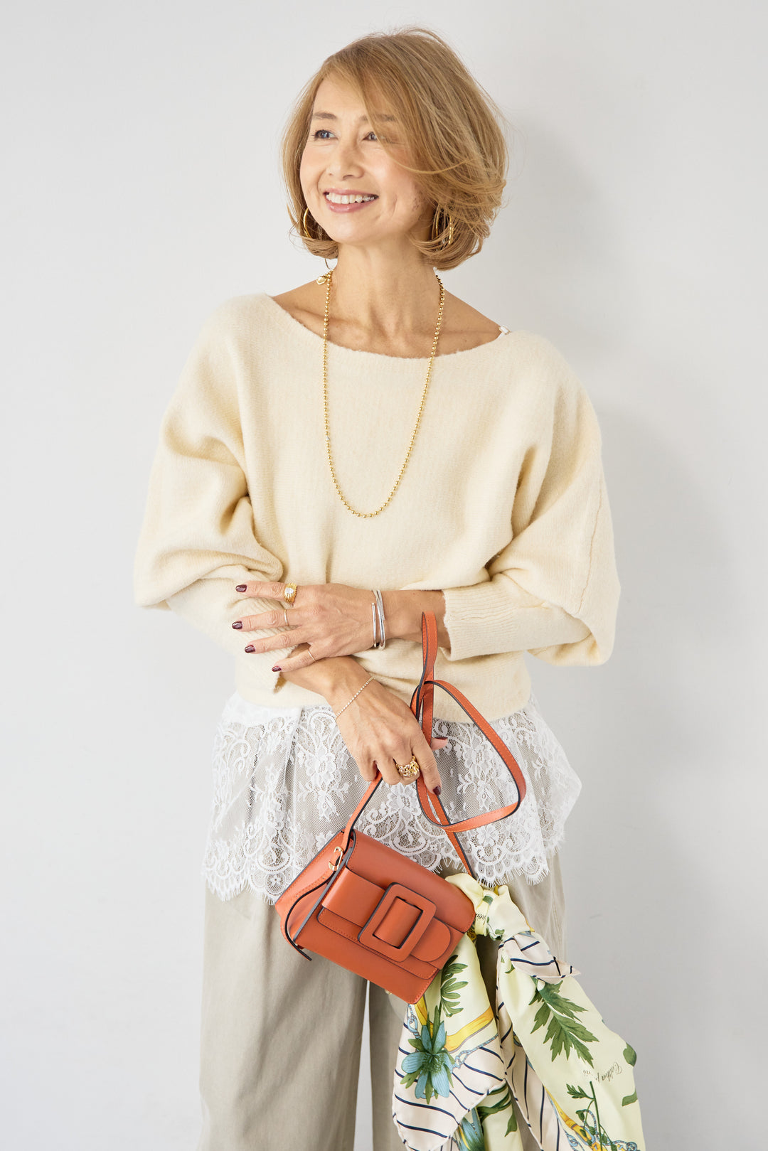 [SET]ふんわりシャギー ボートネックニットプルオーバー+裾レースキャミソール+ソフトツイル ニュアンスワイドデニム(3set)