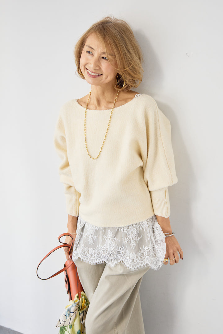[SET]ふんわりシャギー ボートネックニットプルオーバー+裾レースキャミソール(2set)