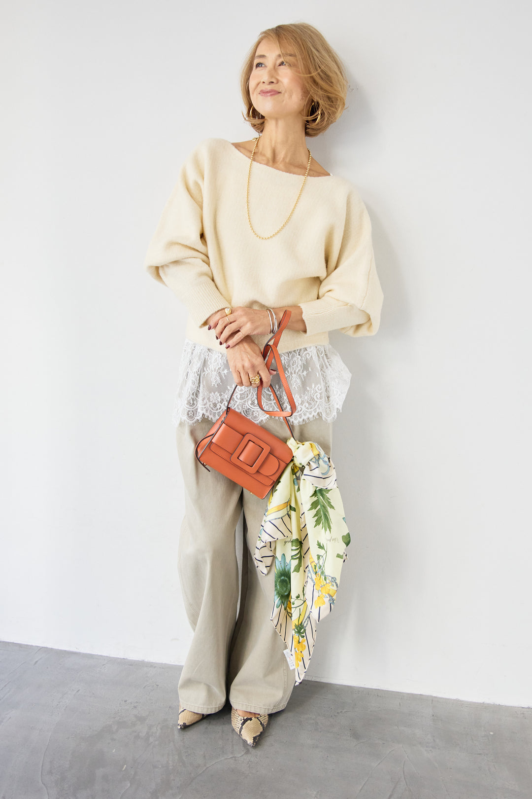 [SET]ふんわりシャギー ボートネックニットプルオーバー+裾レースキャミソール+ソフトツイル ニュアンスワイドデニム(3set)