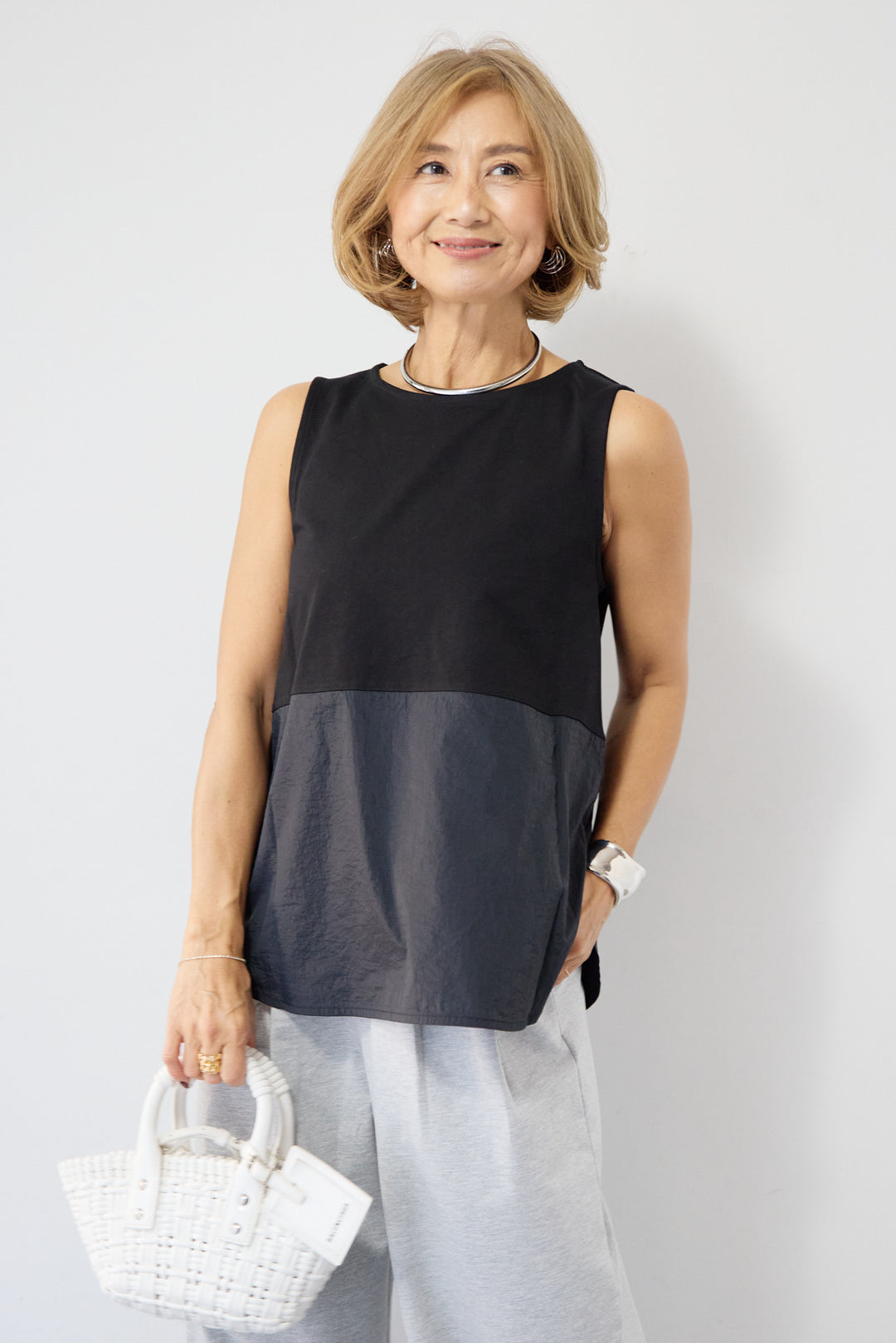 異素材コンビ  ノースリーブプルオーバー