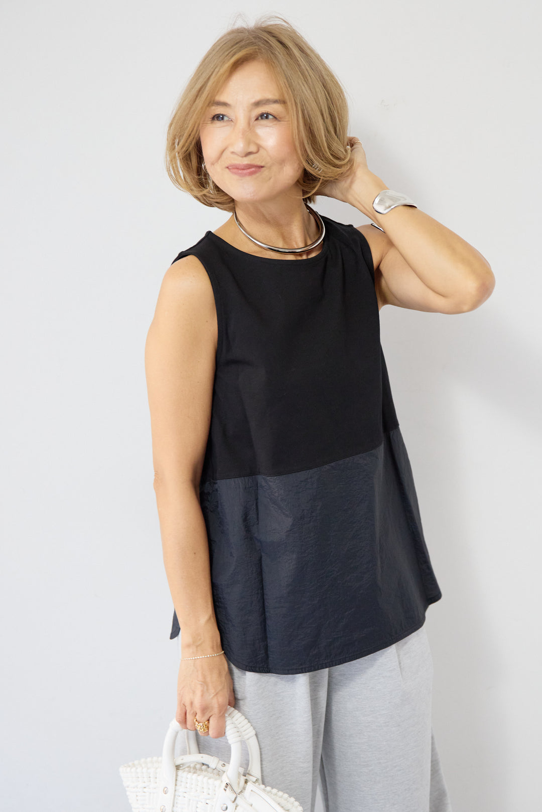 異素材コンビ  ノースリーブプルオーバー