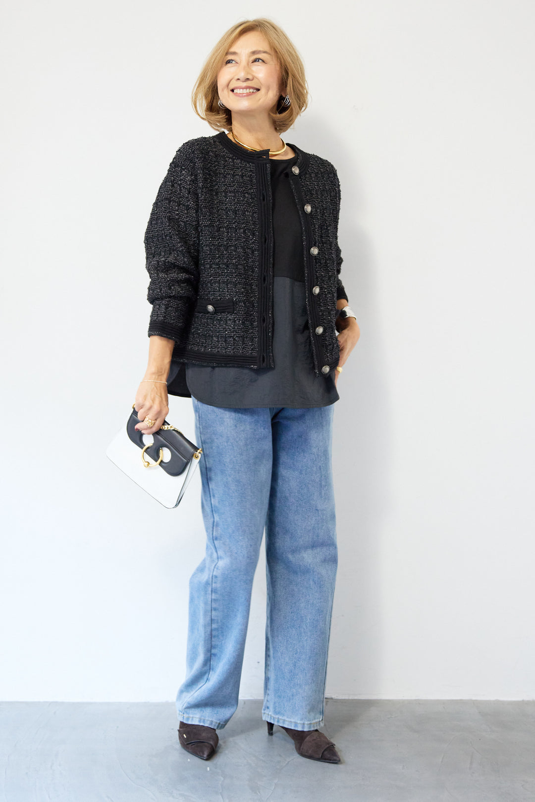 ツイードジャガードクルーネックカーディガン