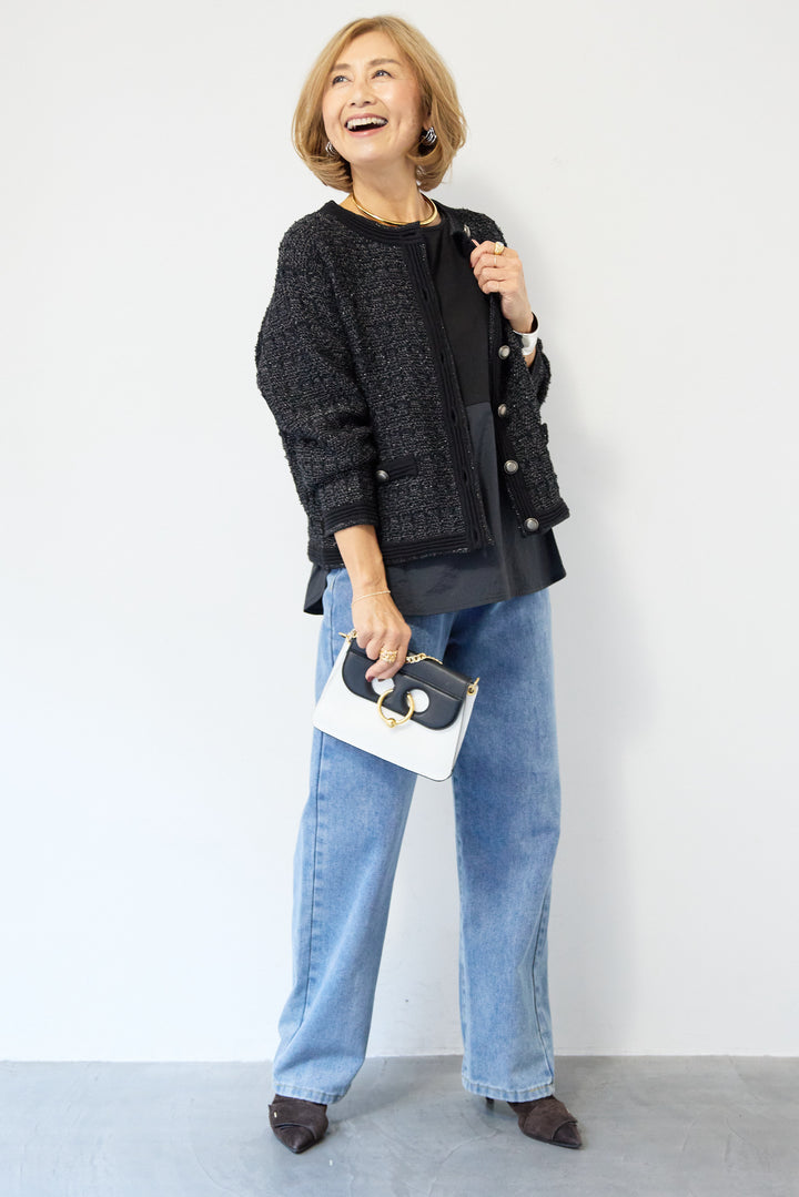 ツイードジャガードクルーネックカーディガン