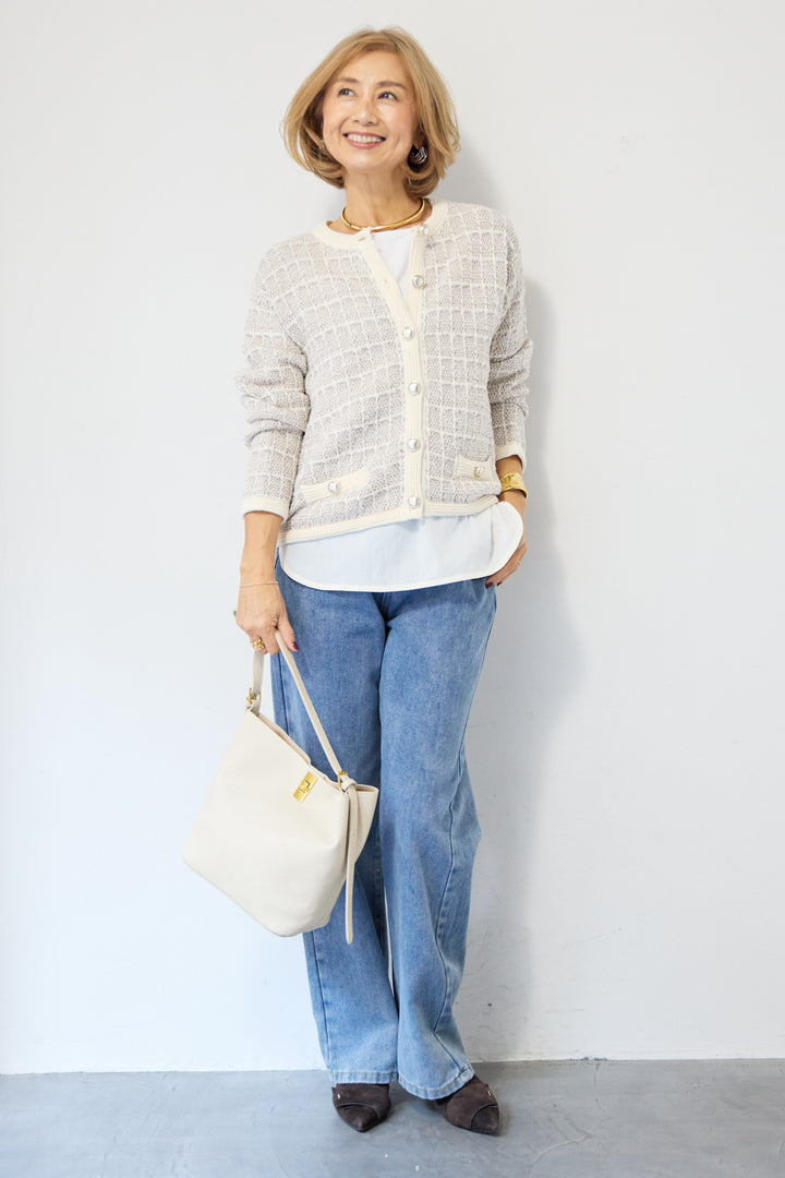 ツイードジャガードクルーネックカーディガン