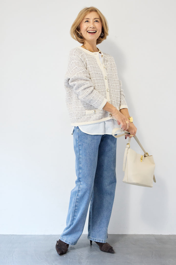 ツイードジャガードクルーネックカーディガン