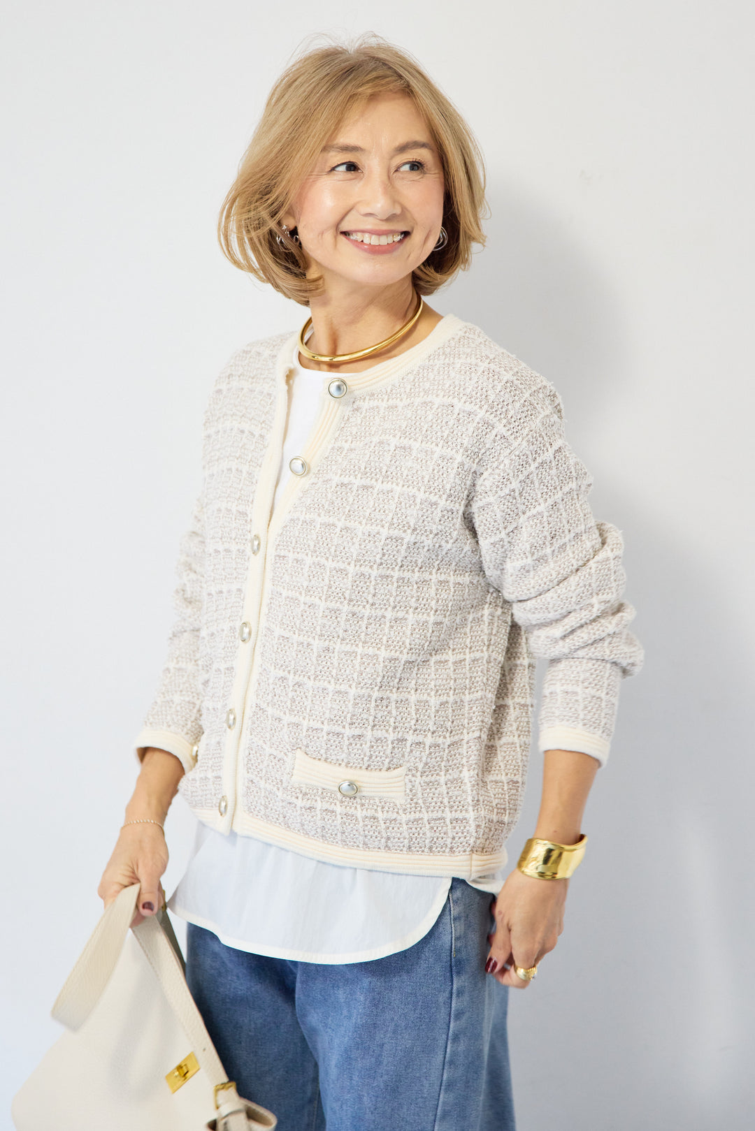 ツイードジャガードクルーネックカーディガン