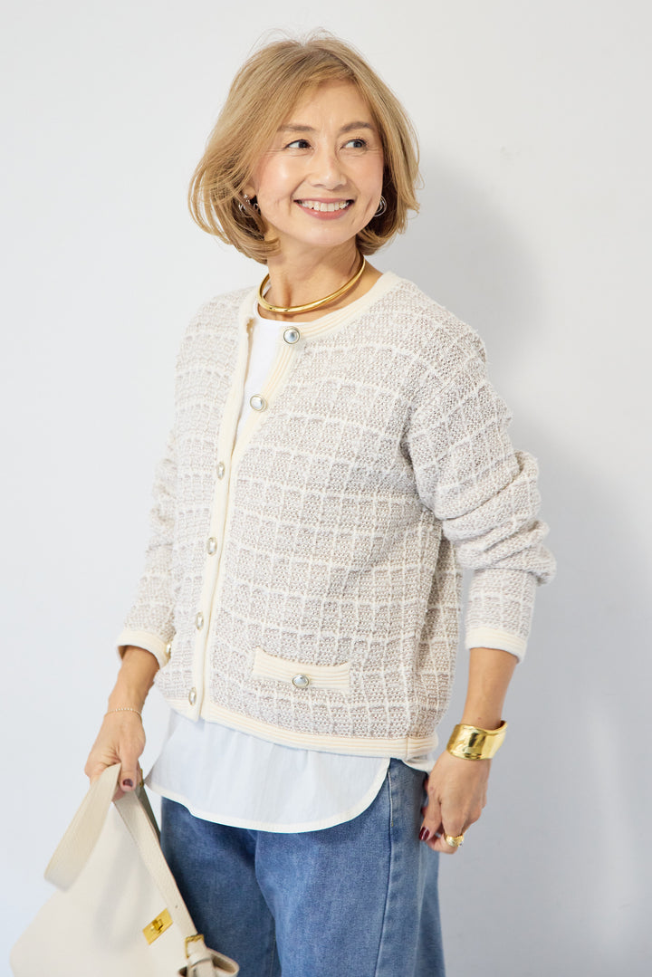 ツイードジャガードクルーネックカーディガン