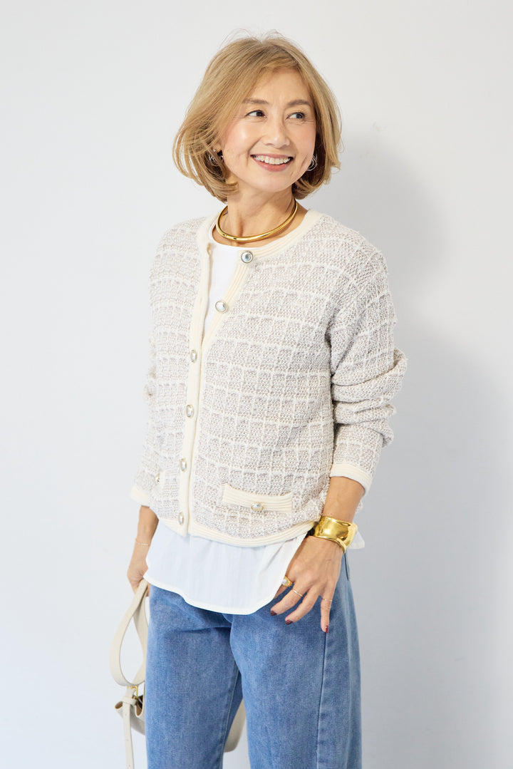 ツイードジャガードクルーネックカーディガン