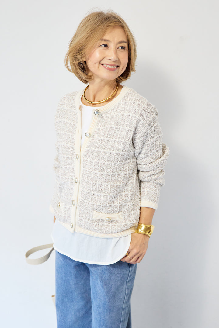 ツイードジャガードクルーネックカーディガン