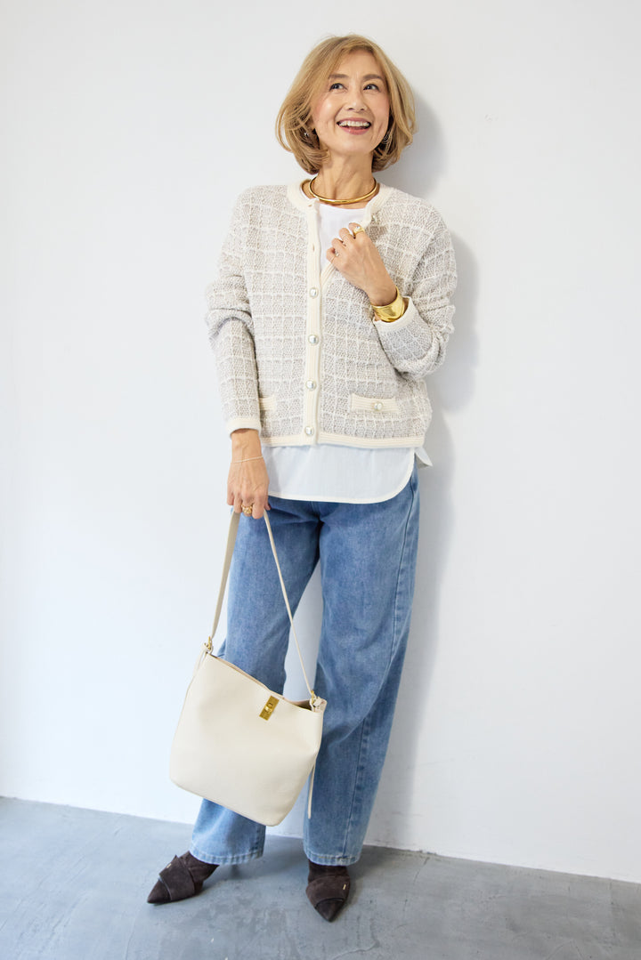 ツイードジャガードクルーネックカーディガン