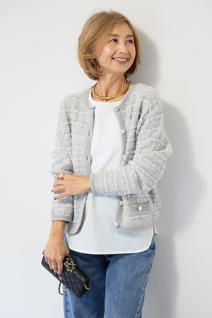 ツイードジャガードクルーネックカーディガン