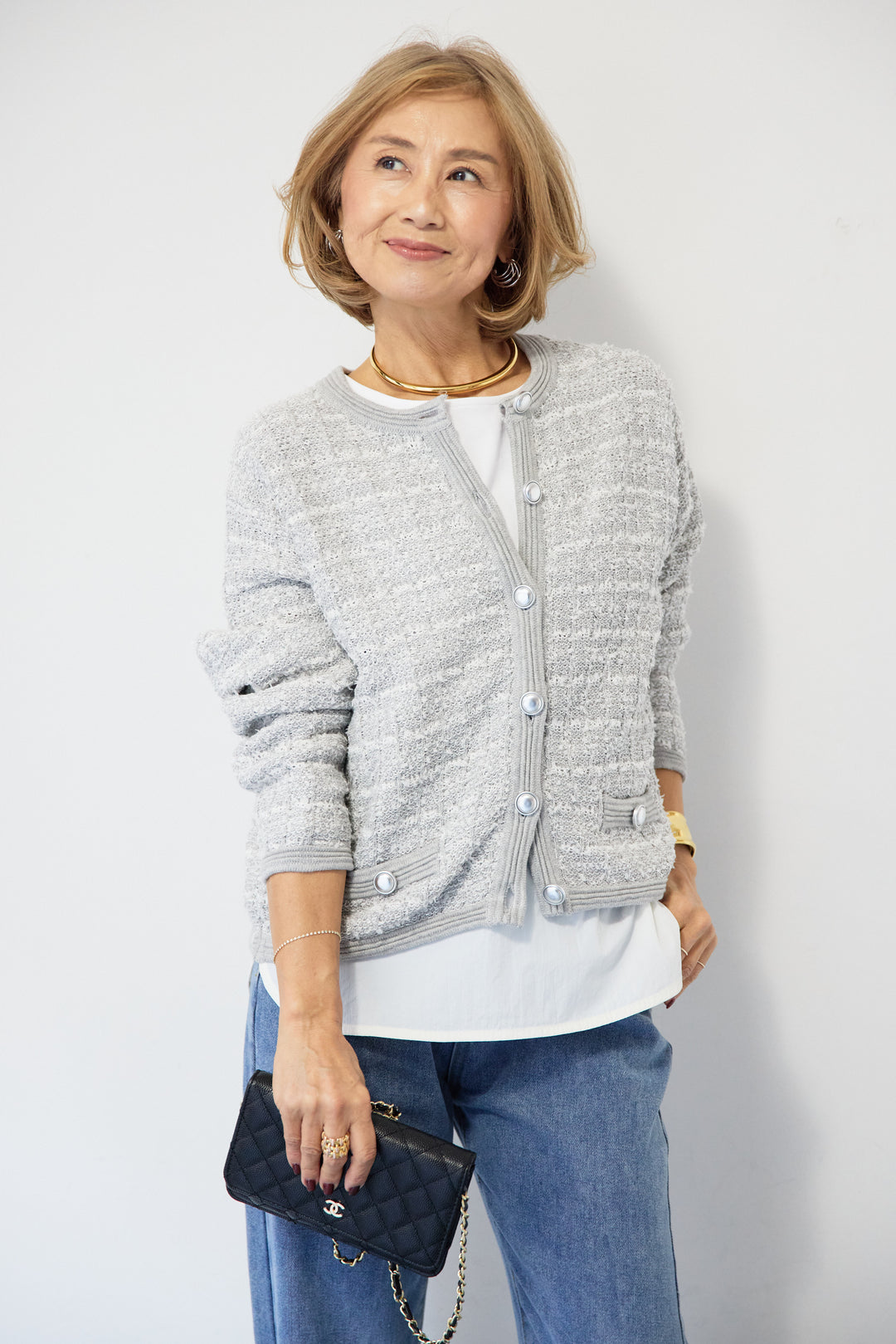 ツイードジャガードクルーネックカーディガン