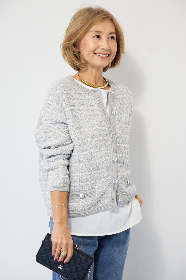 ツイードジャガードクルーネックカーディガン