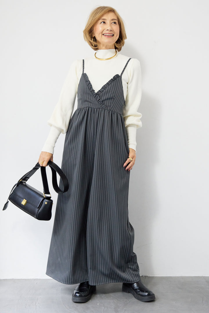 ピンストライプ・フリルカシュクールサロペット