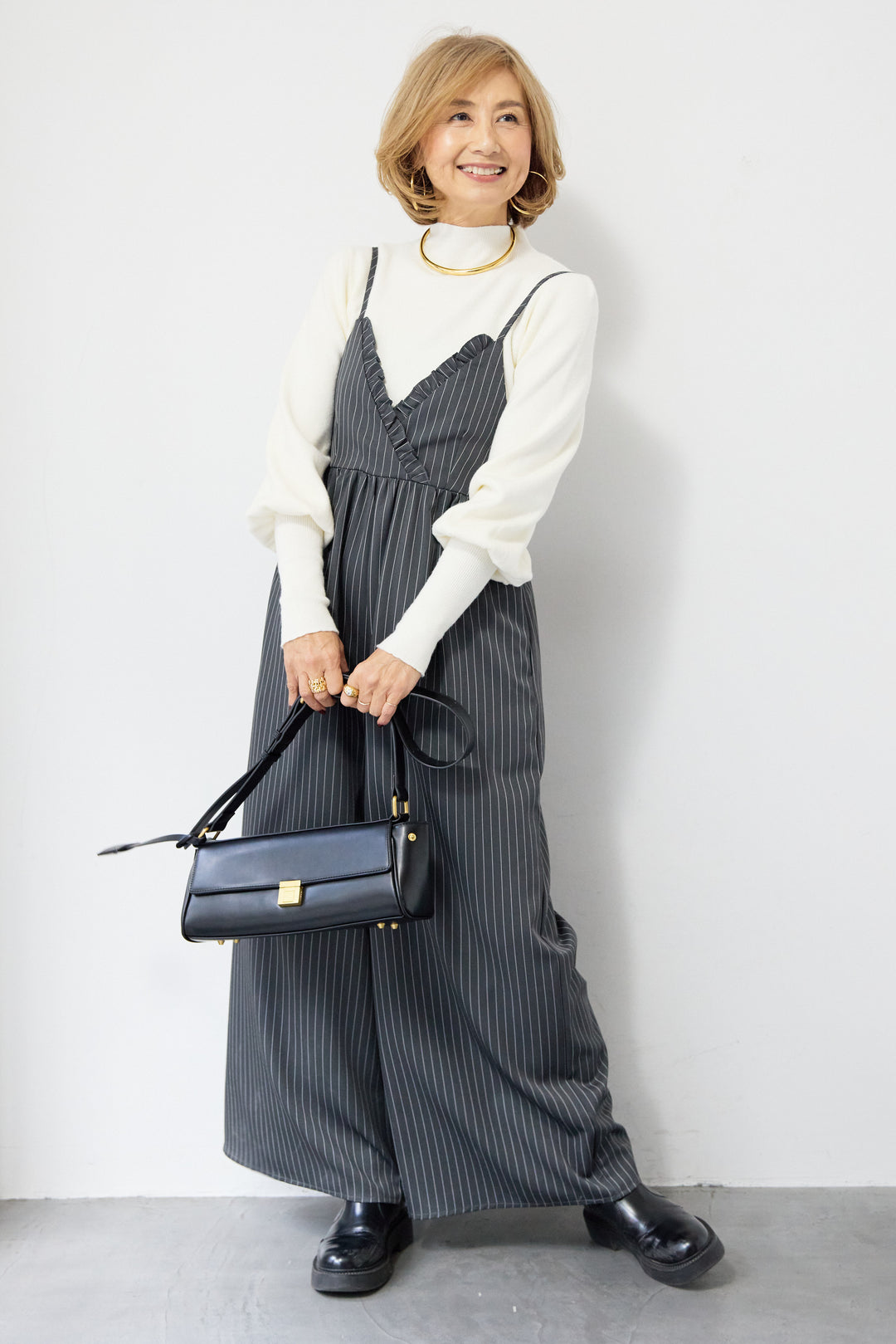 ピンストライプ・フリルカシュクールサロペット