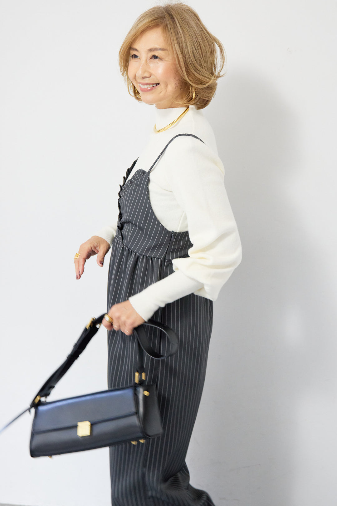 ピンストライプ・フリルカシュクールサロペット