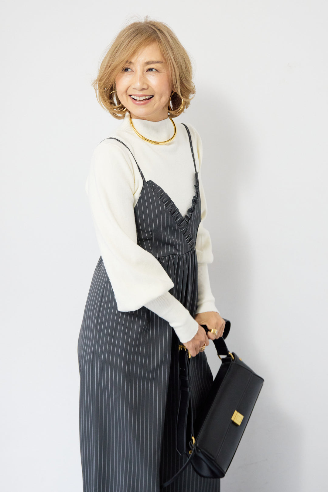 ピンストライプ・フリルカシュクールサロペット