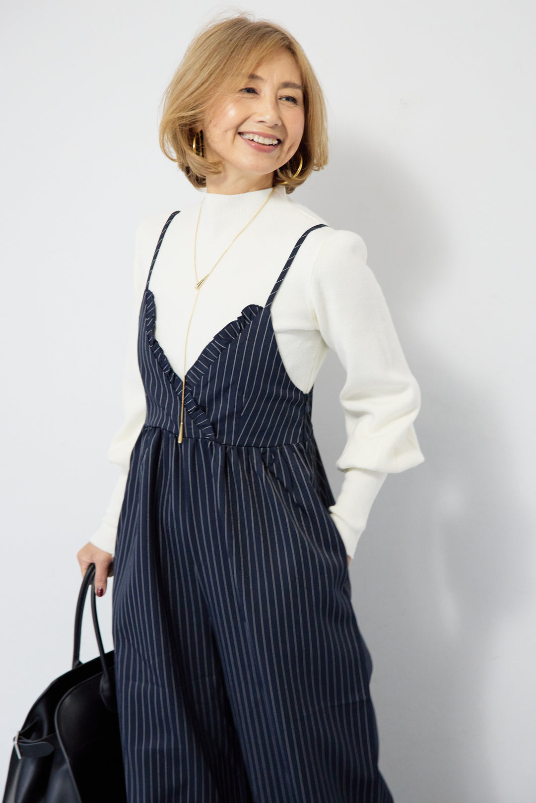 ピンストライプ・フリルカシュクールサロペット