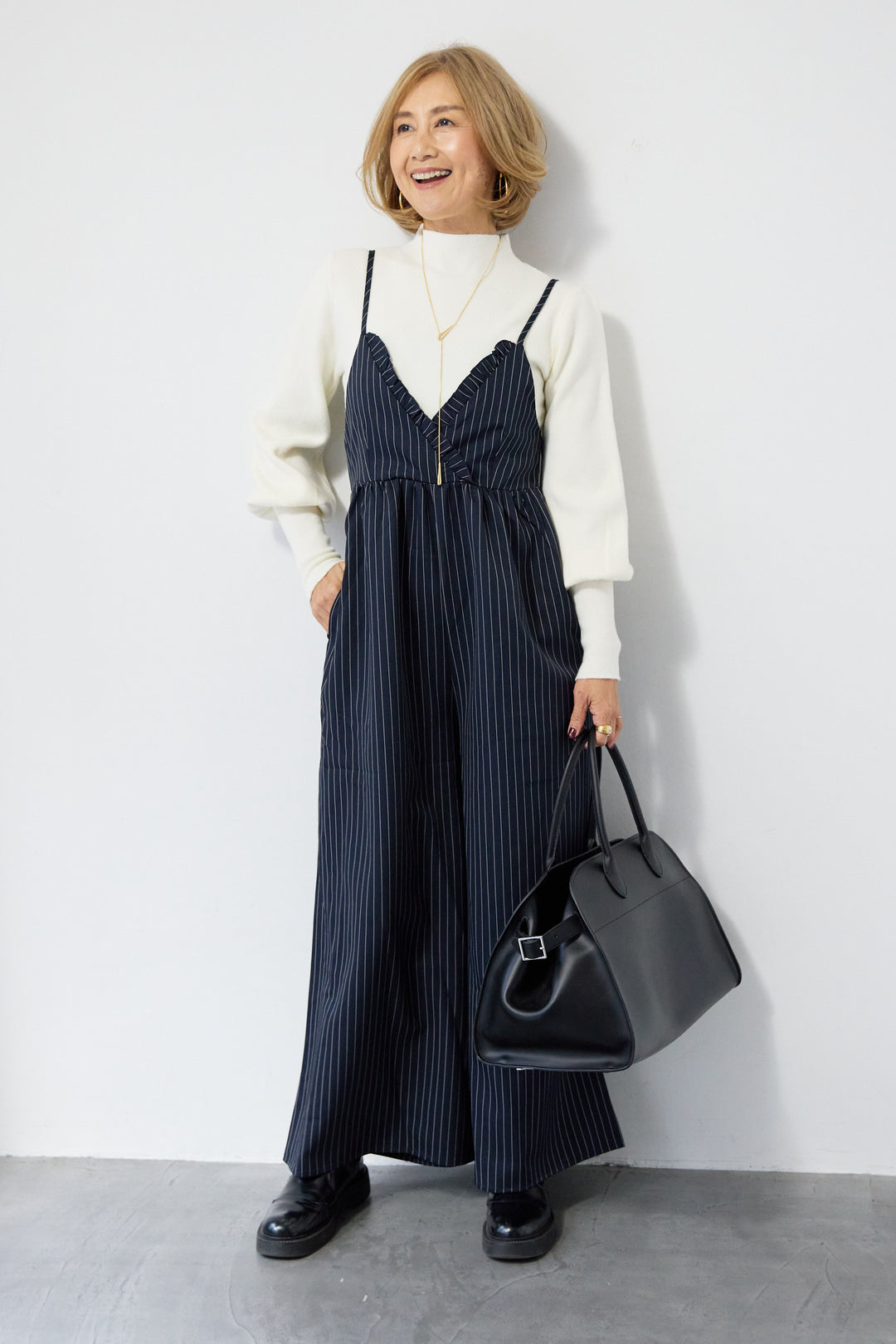 ピンストライプ・フリルカシュクールサロペット